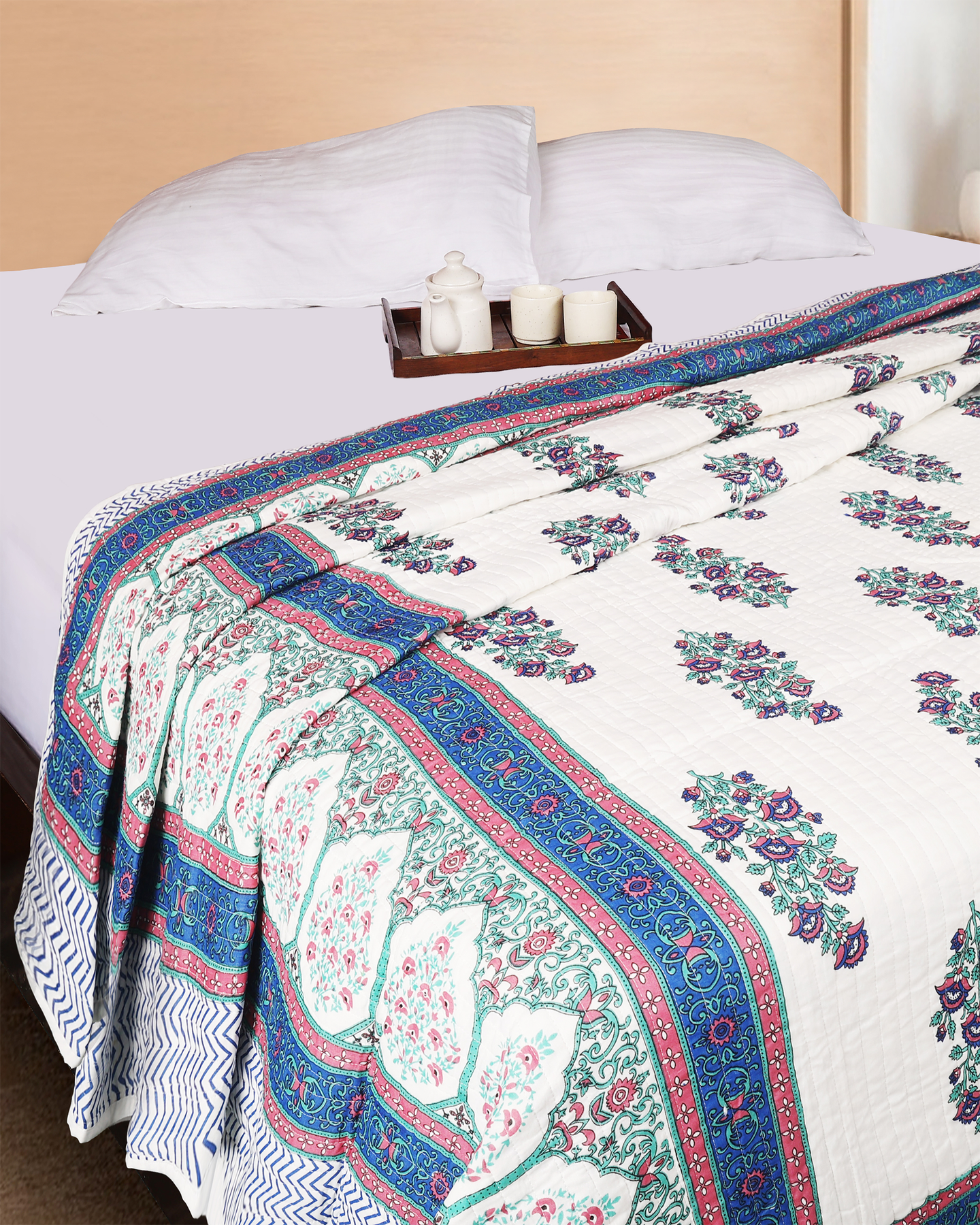 White Hand Blocked Printed Reversible Double Bed Quilt